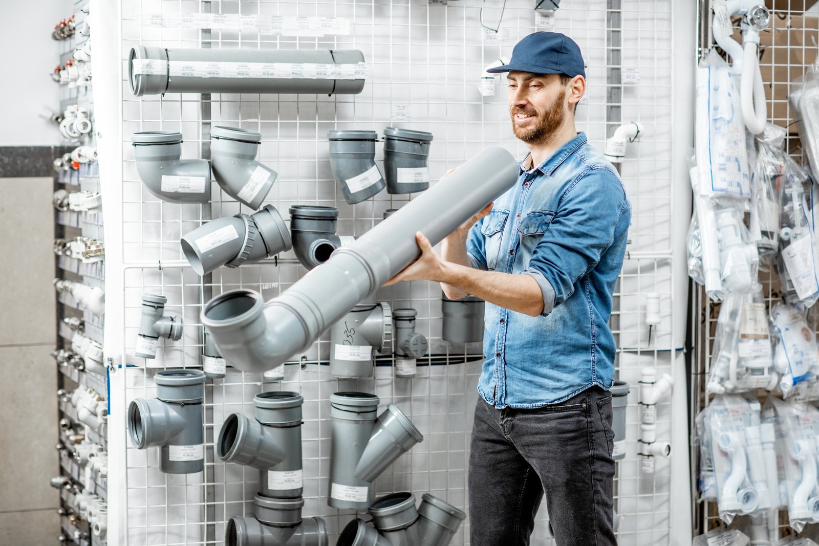 Man choosing pipes in the plumbing shop
